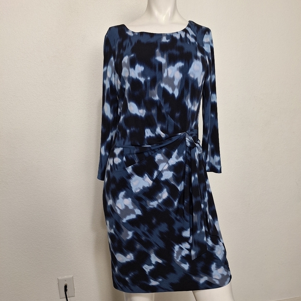 Mary Kay Blue Black Watercolor Scoop Neck Side Ruching Knee Length Dress Size S